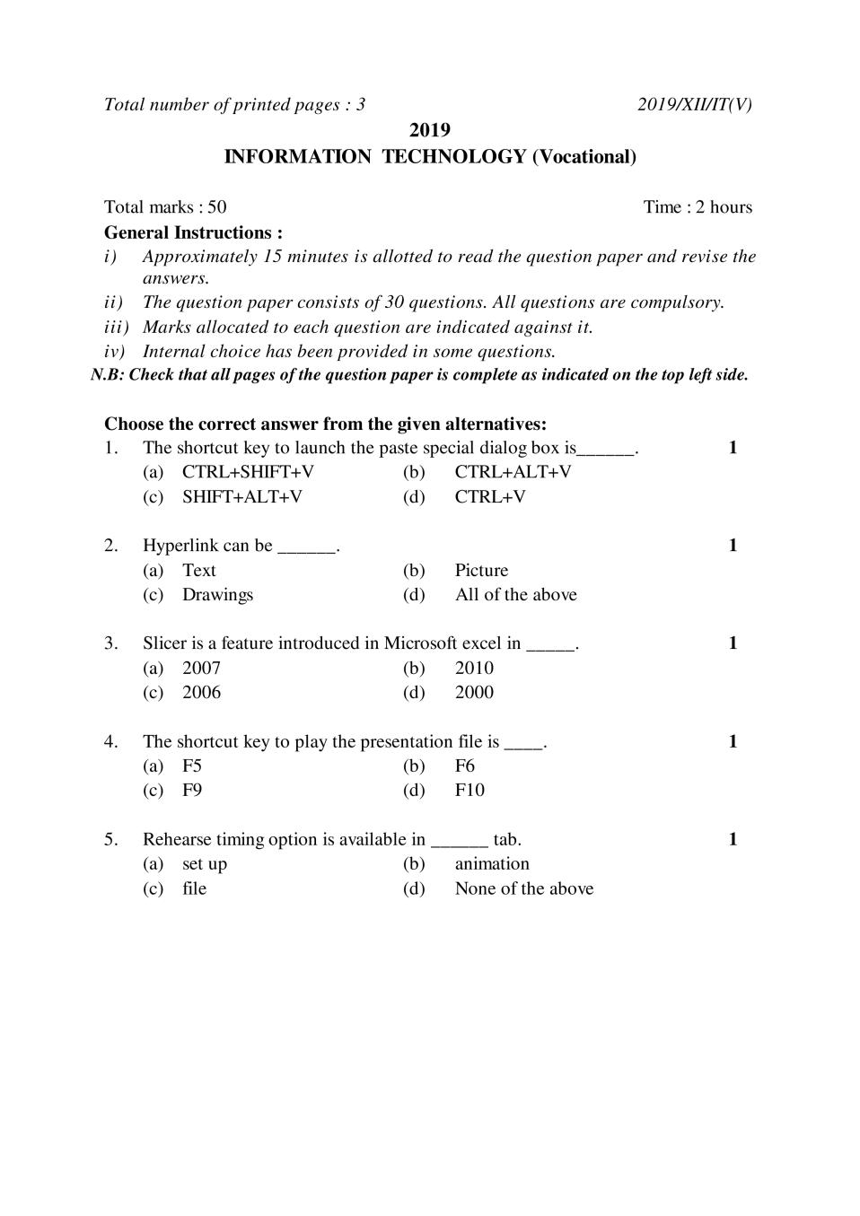 NBSE Class 12 Question Paper 2019 for Fund of Information Technology Vocational - Page 1