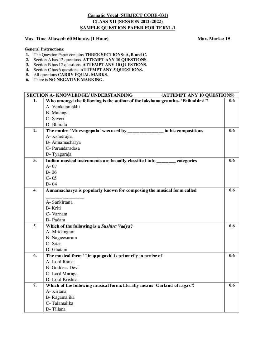CBSE Class 12 Sample Paper 2022 for Carnatic Music Vocal Term 1 - Page 1