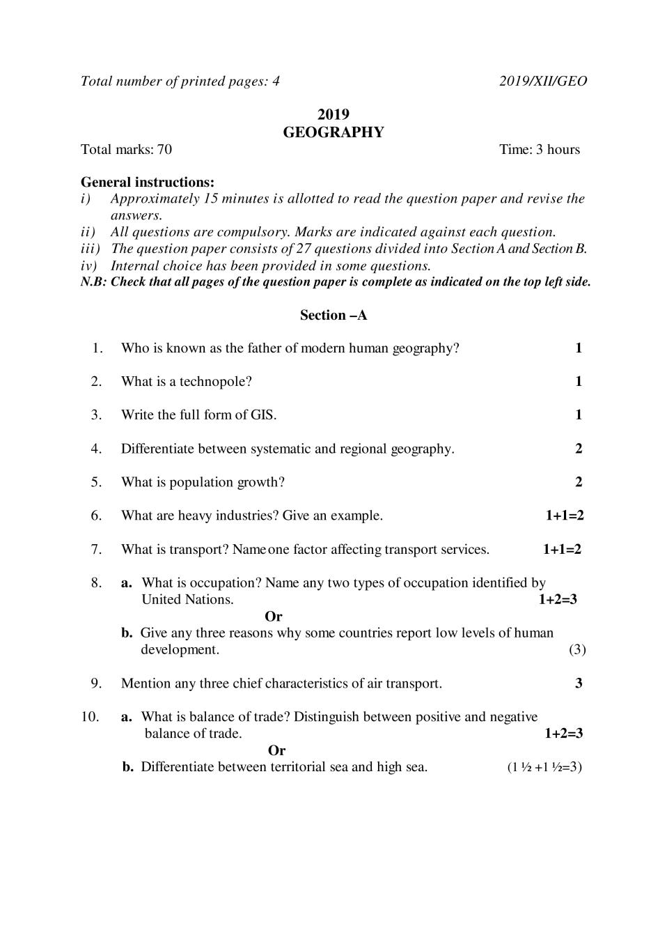 NBSE Class 12 Question Paper 2019 for Fund of Geology - Page 1