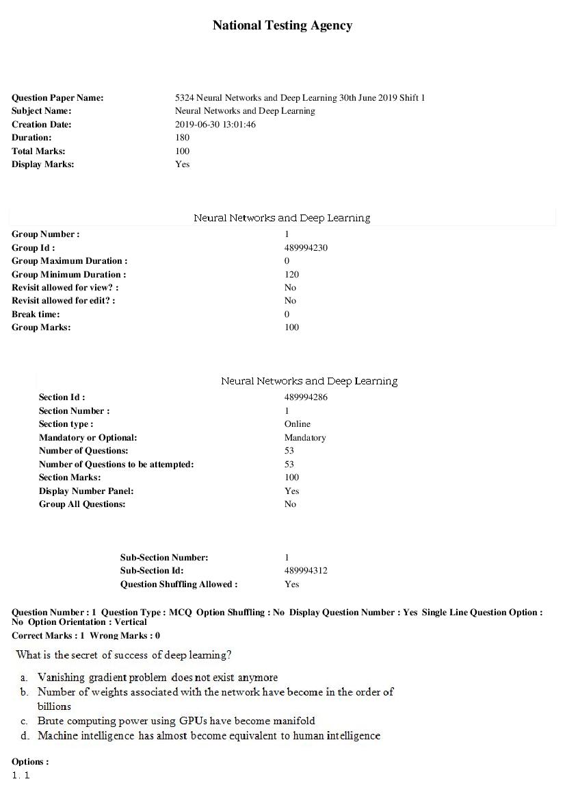ARPIT 2019 Question Paper for Neural Networks and Deep Learning Shift 1 - Page 1 of 25