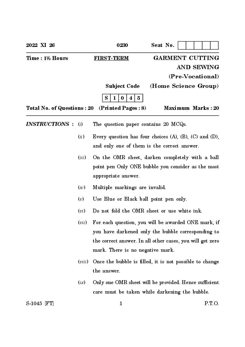 Goa Board Class 10 Question Paper 2022 Garment Cutting and Sewing - Page 1
