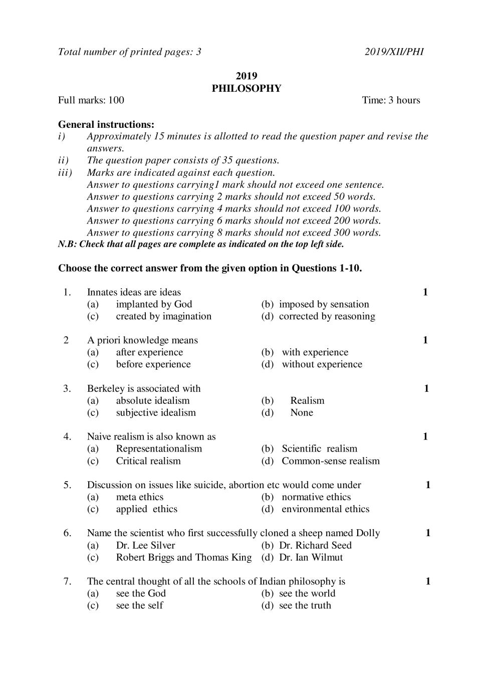 NBSE Class 12 Question Paper 2019 for Fund of Philosophy - Page 1