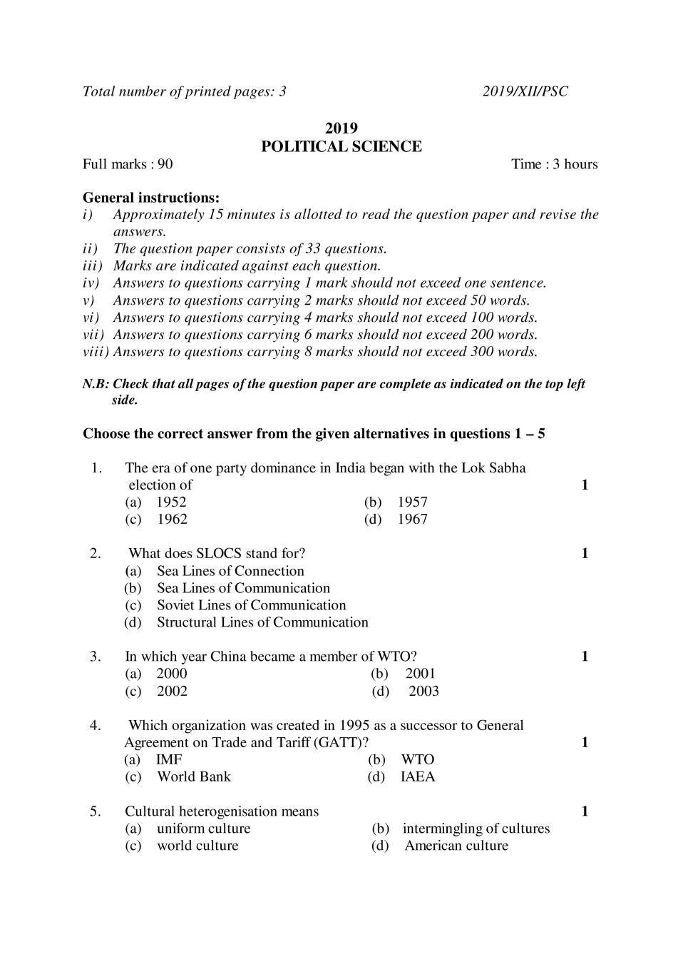 NBSE Class 12 Question Paper 2019 for Fund of Political Science - Page 1