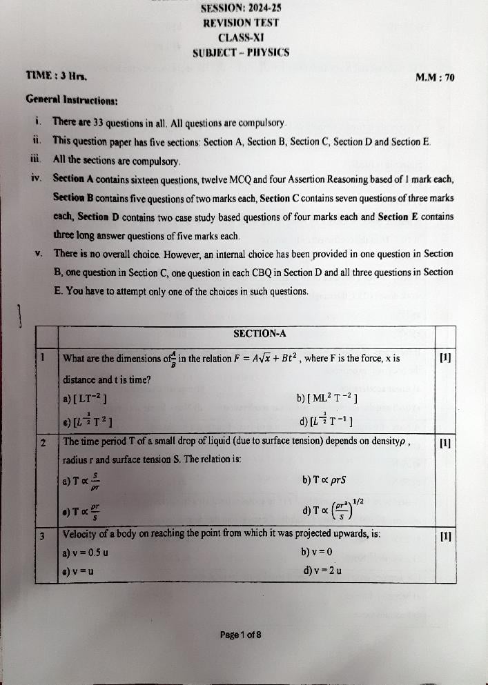 Class 11 Revision Test 2024-25 Question Paper Physics - Page 1