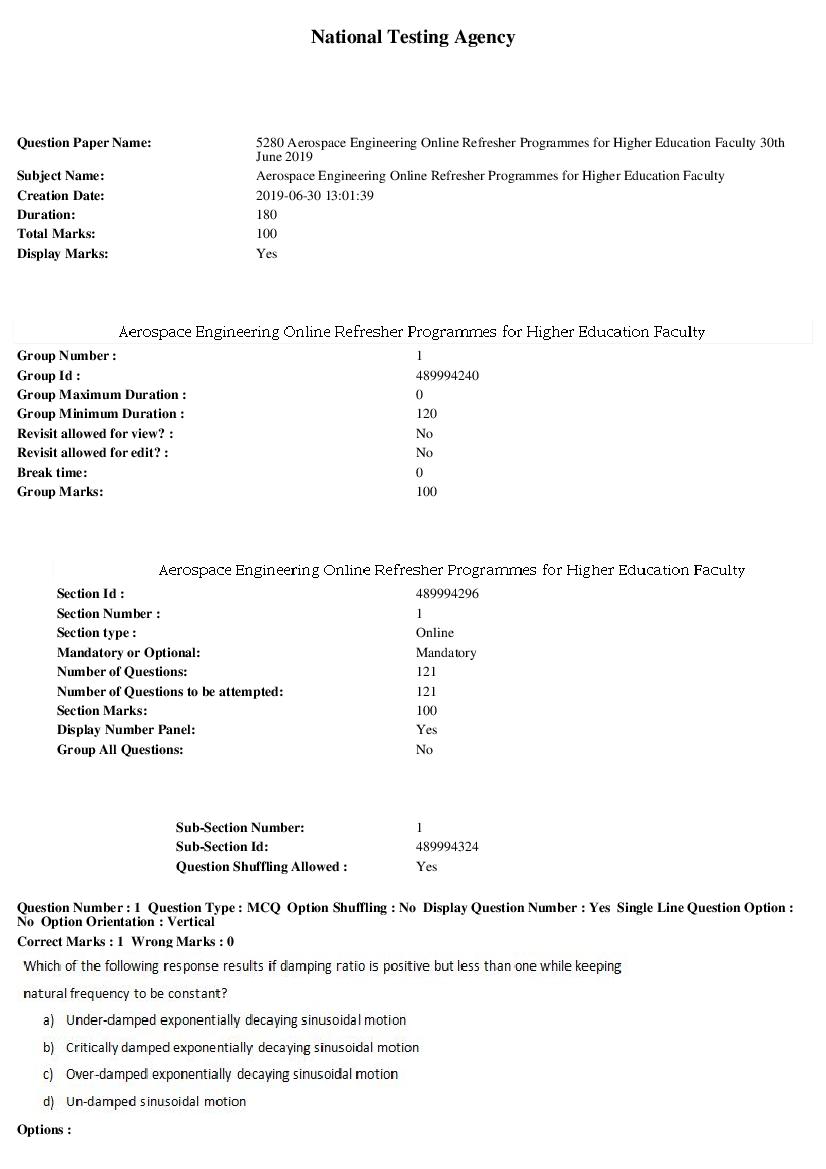 ARPIT 2019 Question Paper for Aerospace Engineering Online Refresher Programmes for Higher Education Faculty - Page 1 of 47