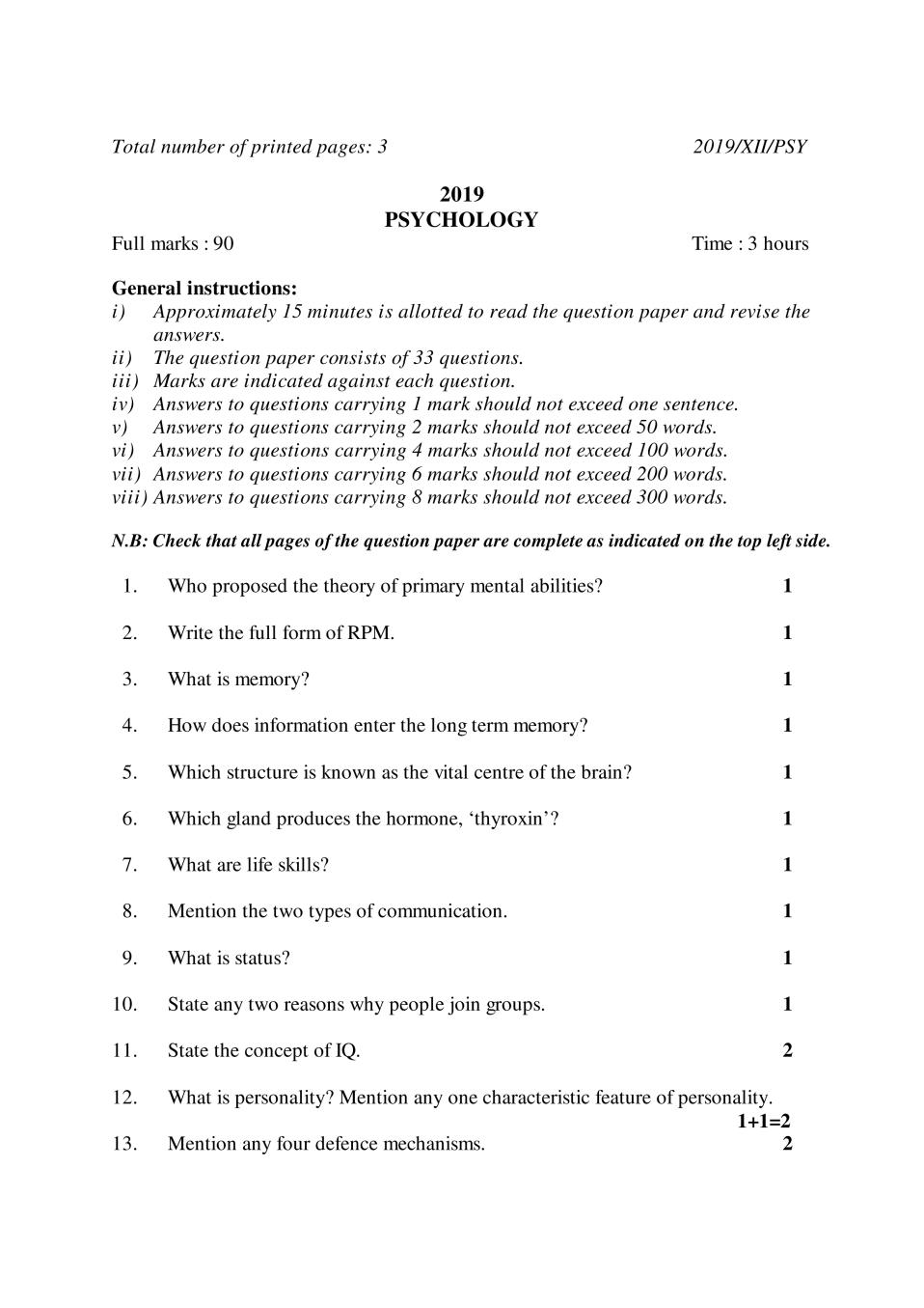 NBSE Class 12 Question Paper 2019 for Fund of Psychology - Page 1