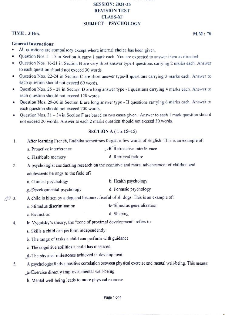 Class 11 Revision Test 2024-25 Question Paper Psychology - Page 1 of 4