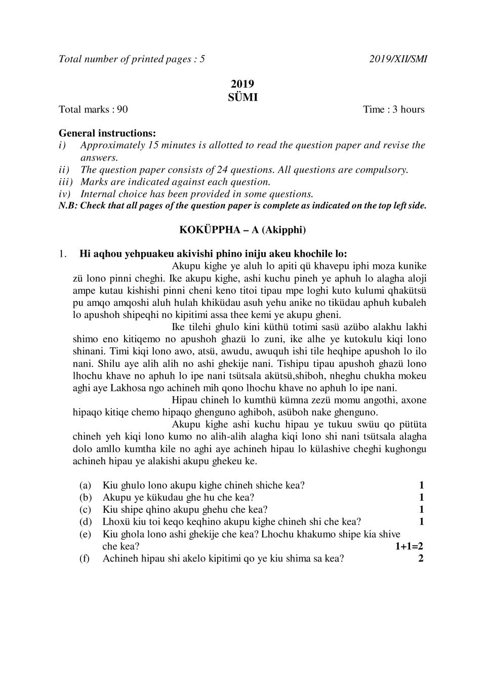 NBSE Class 12 Question Paper 2019 for Fund of Sumi - Page 1