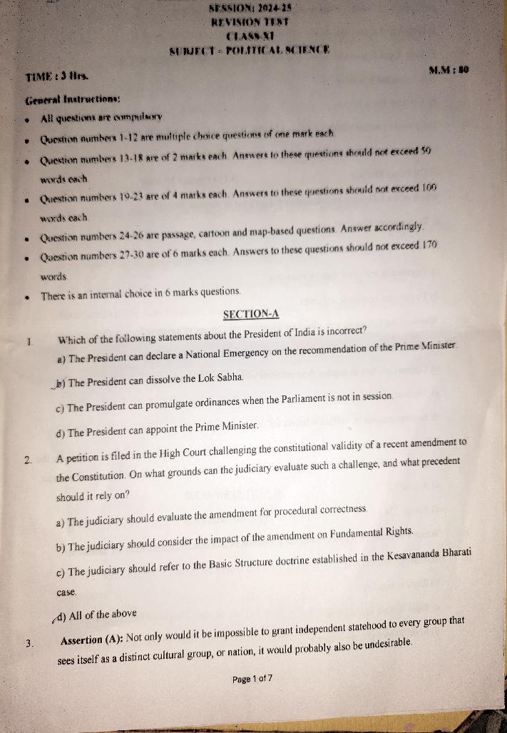 Class 11 Revision Test 2024-25 Question Paper Political Science - Page 1