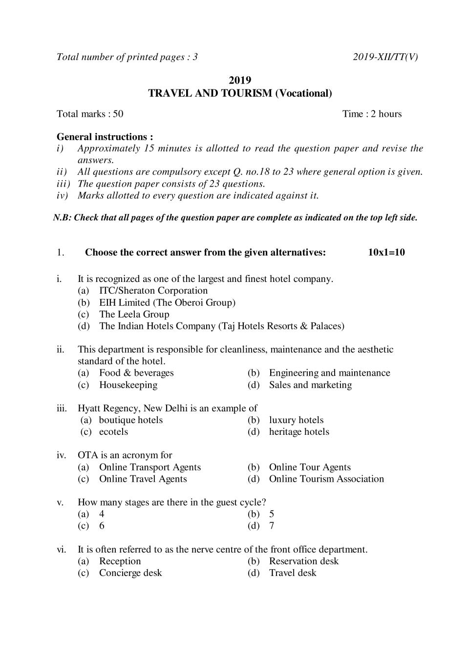 NBSE Class 12 Question Paper 2019 for Fund of Travel and Tourism - Page 1