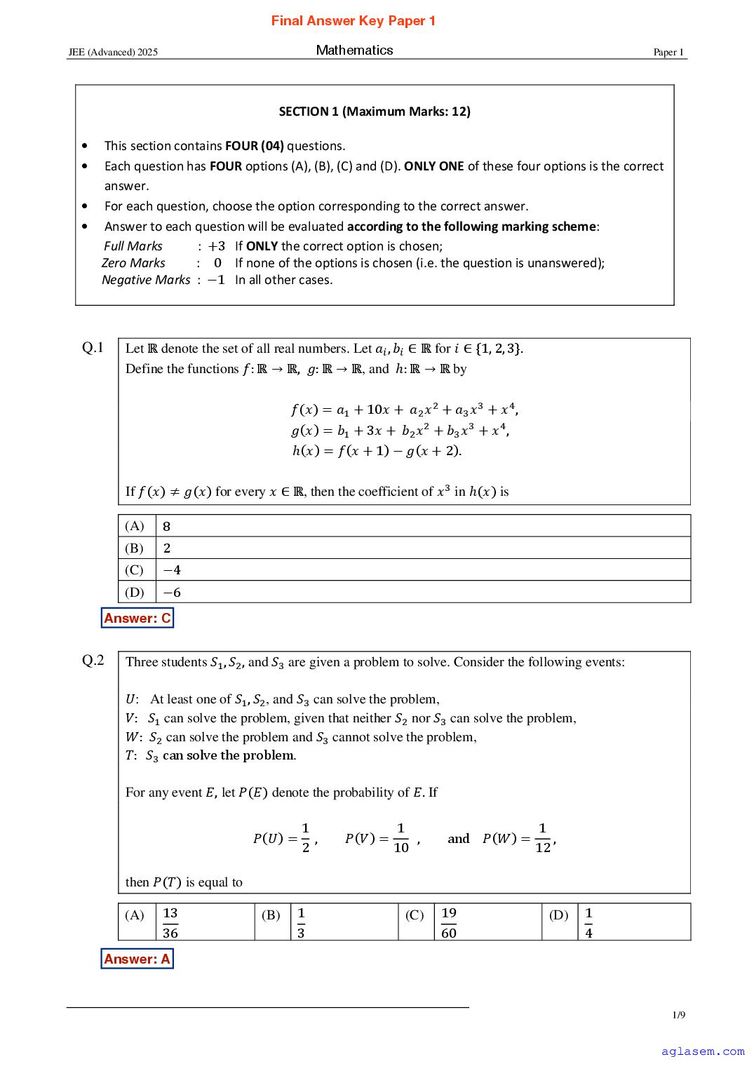 JEE Advanced 2025 Paper 1 Question Paper with Answers - Page 1 of 31