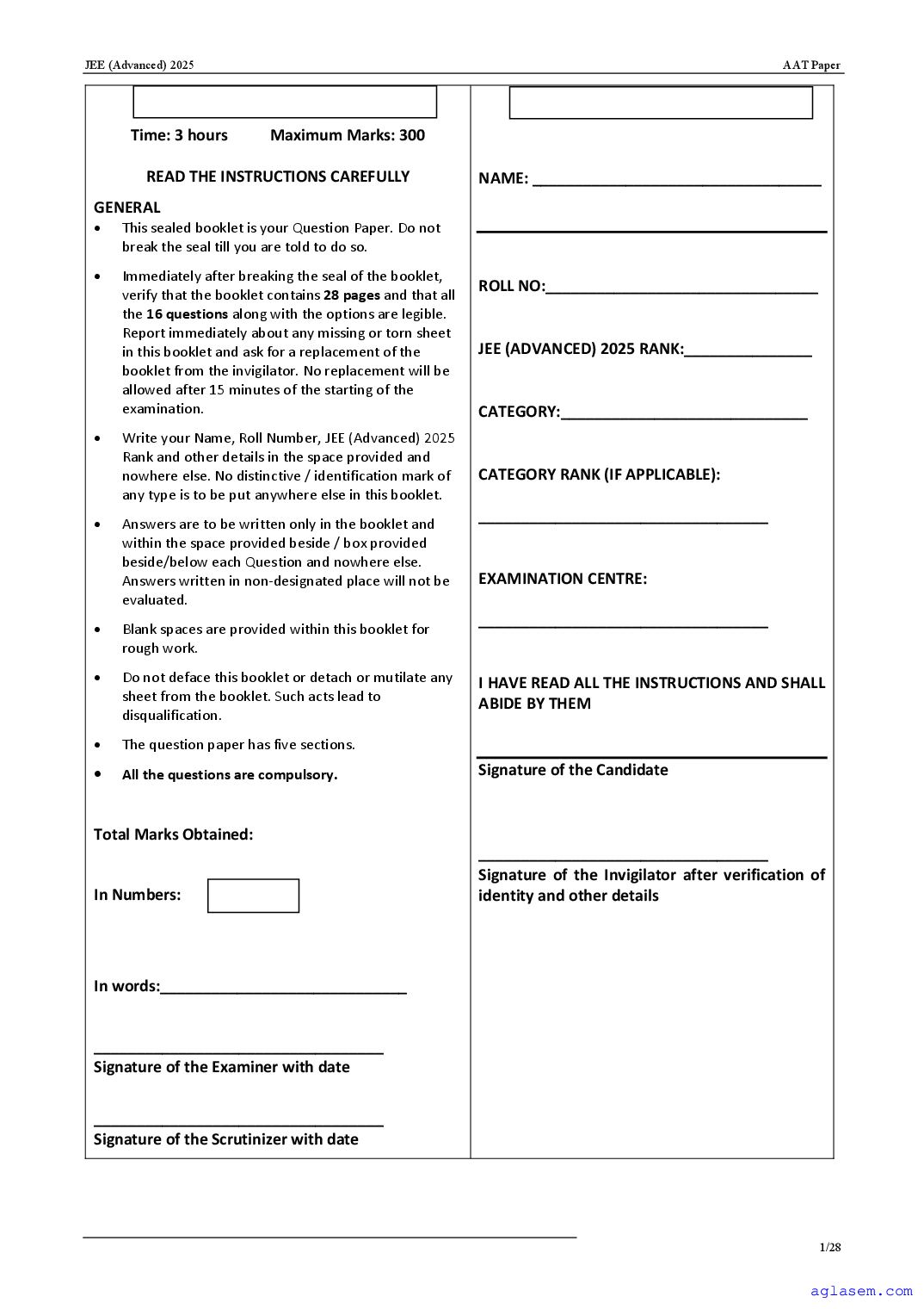 JEE Advanced AAT 2025 Question Paper - Page 1 of 28