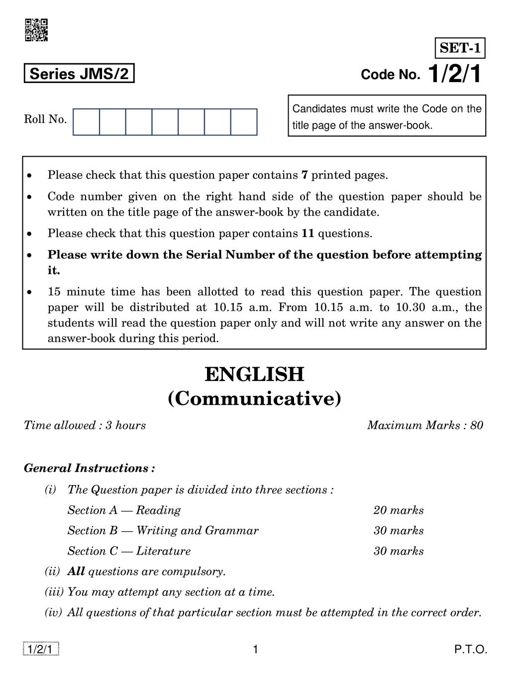 CBSE Class 10 English Communicative Question Paper 2019 Set 2 - Page 1