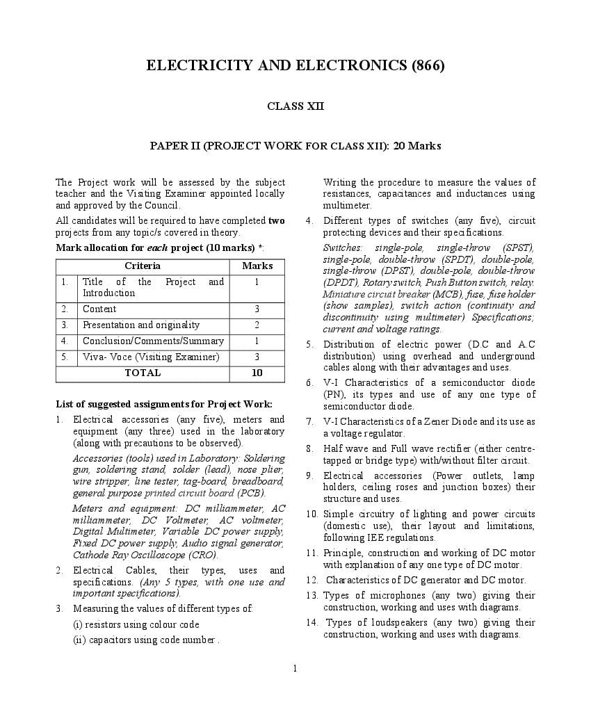 ISC Class 12 Project Work in Electricity and Electronics - Page 1