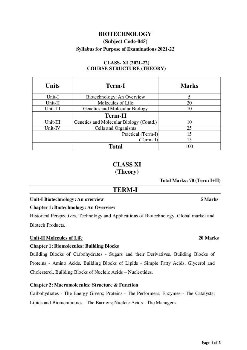 CBSE Class 12 Term Wise Syllabus 2021-22 Biotechnology - Page 1