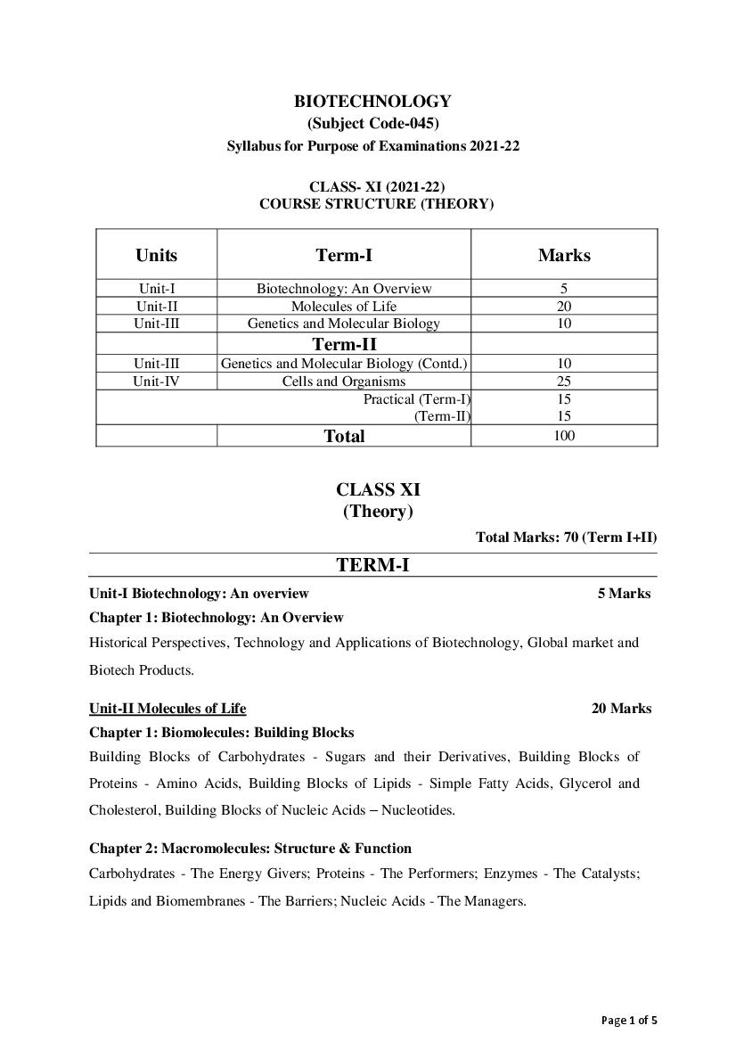 CBSE Class 12 Term Wise Syllabus 2021 22 Biotechnology
