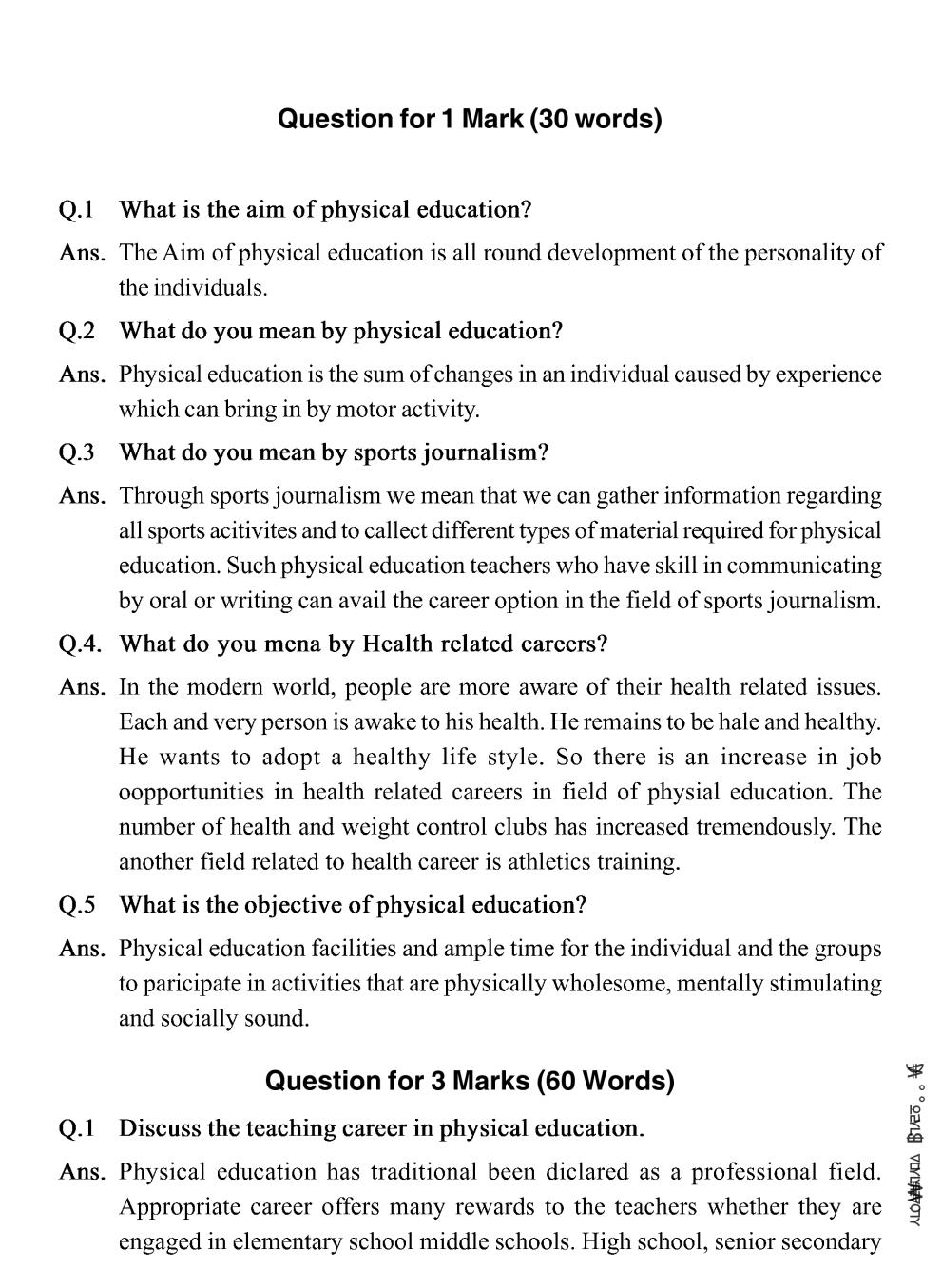 health and physical education class 11 question paper