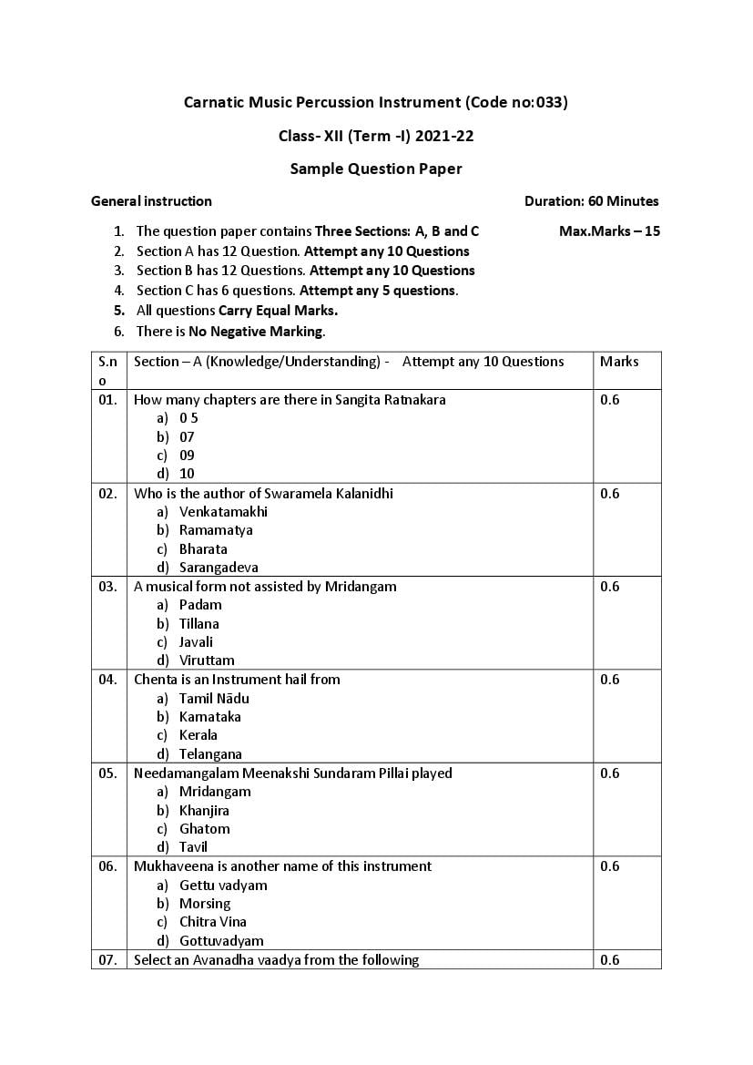 CBSE Class 12 Sample Paper 2022 for Carnatic Music Percussion - Page 1