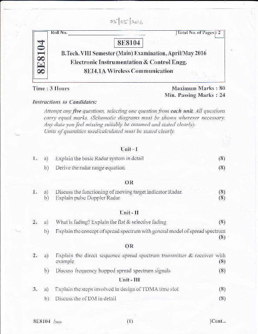 RTU 2016 Question Paper Semester VIII Electronic Instrumentation and Control Engineering Wireless Communication - Page 1 of 2
