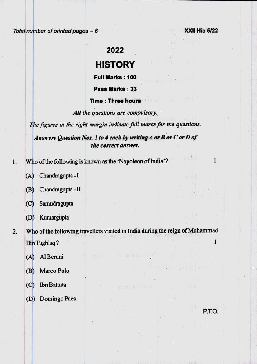 Manipur Board Class 12 Question Paper 2022 for History - Page 1