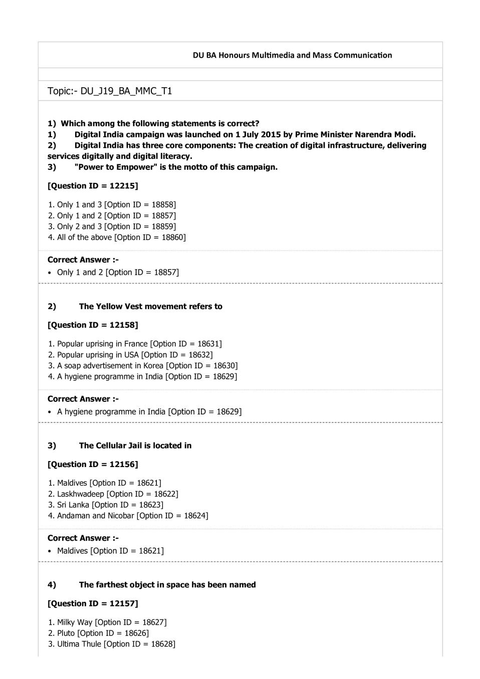 DUET Question Paper 2019 for BA (Hons.) Multimedia and Mass Communication - Page 1