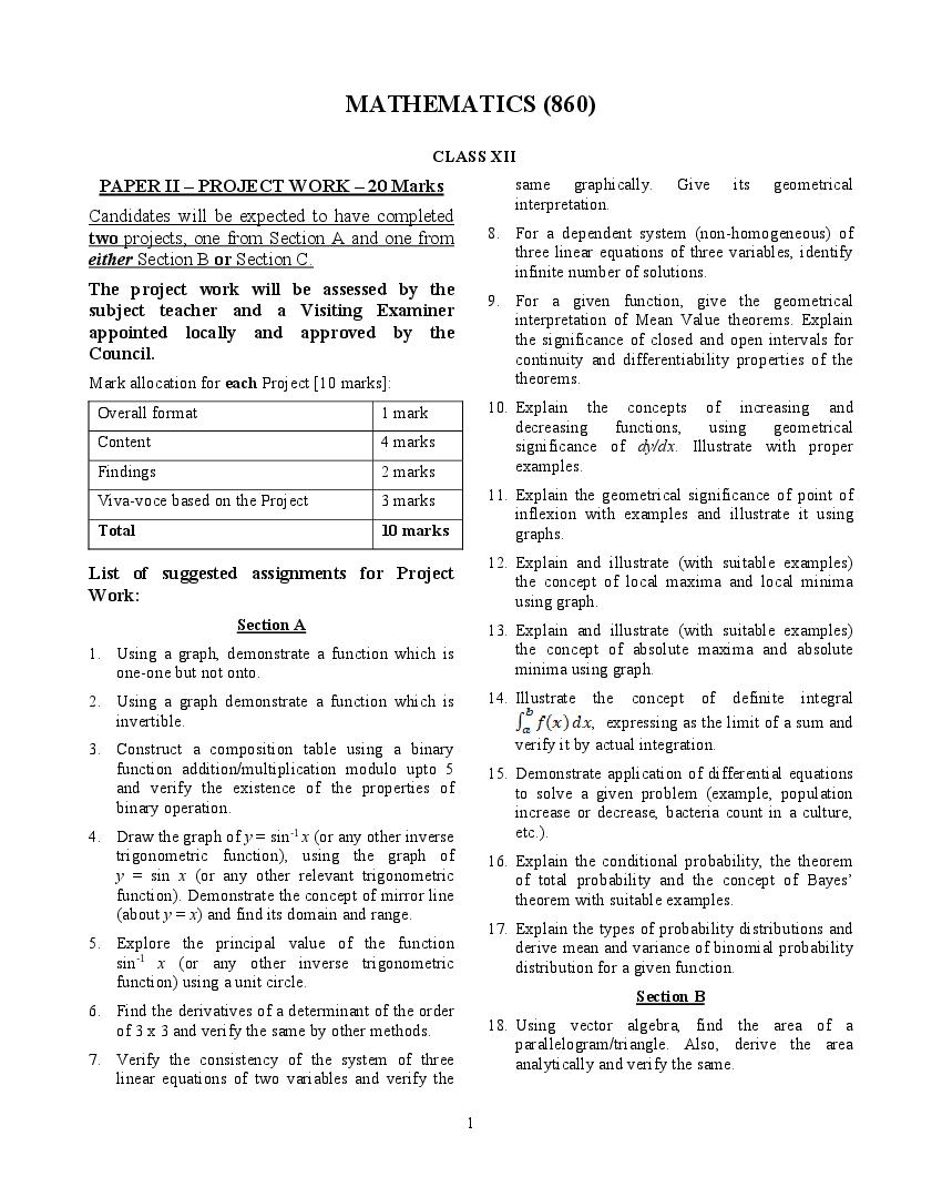 ISC Class 12 Project Work In Maths