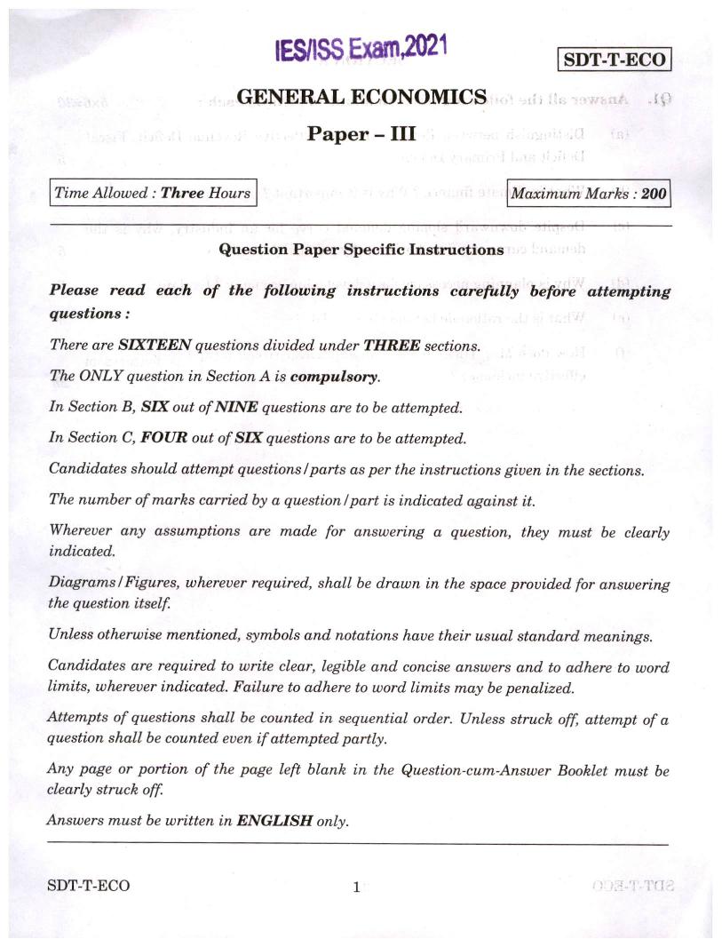 UPSC IES ISS Question Paper General Economics Paper 3 - Page 1