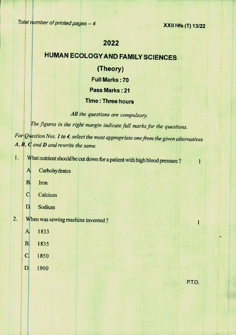 Manipur Board Class 12 Question Paper 2022 for Human Ecology and Family Sciences - Page 1
