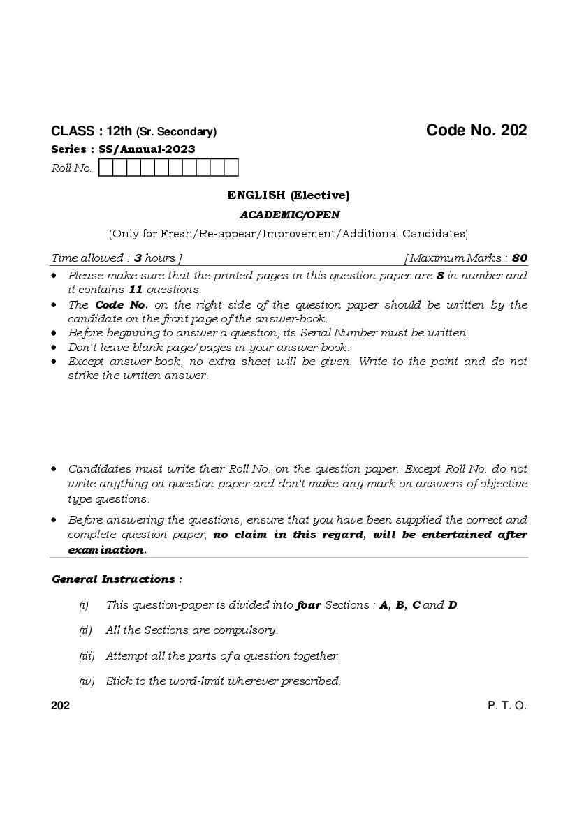 HBSE Class 12 Question Paper 2023 English Elective - Page 1
