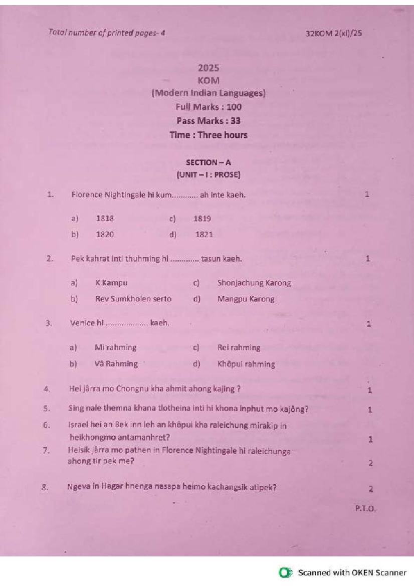 Manipur Board Class 12 Question Paper 2025 for Kom - Page 1