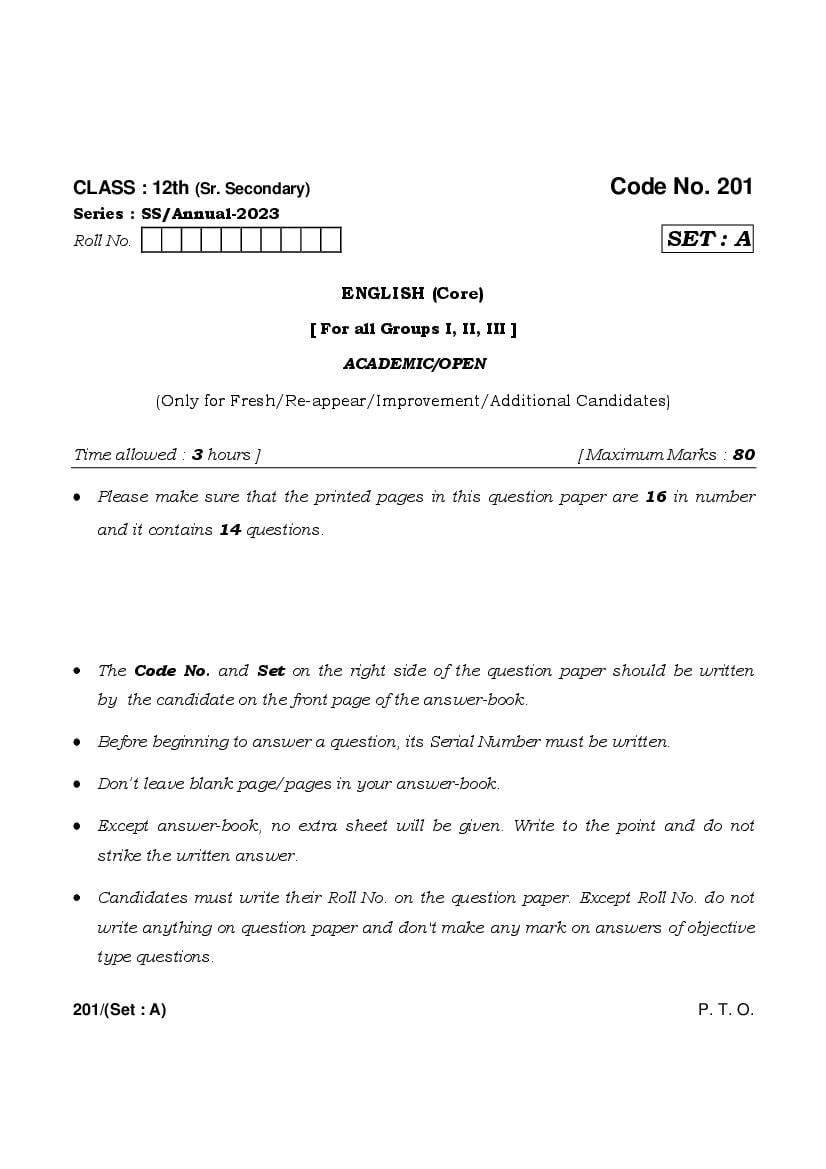 HBSE Class 12 Question Paper 2023 English Core - Page 1