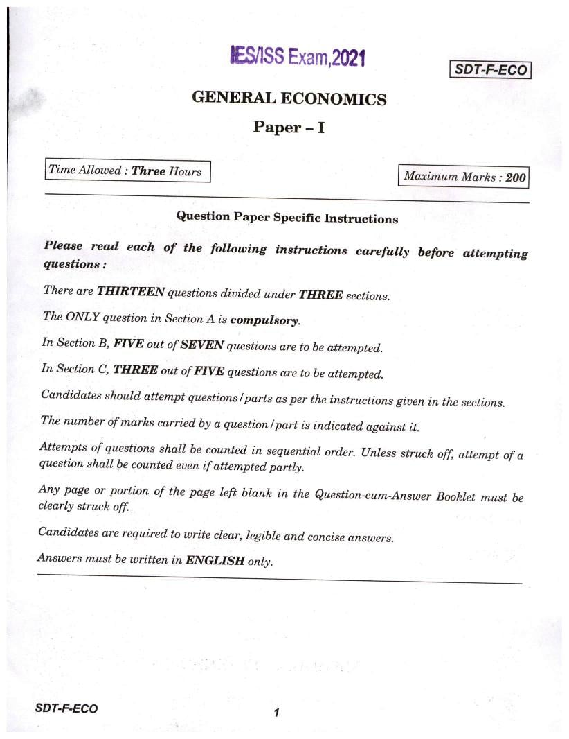 UPSC IES ISS Question Paper General Economics Paper 1 - Page 1