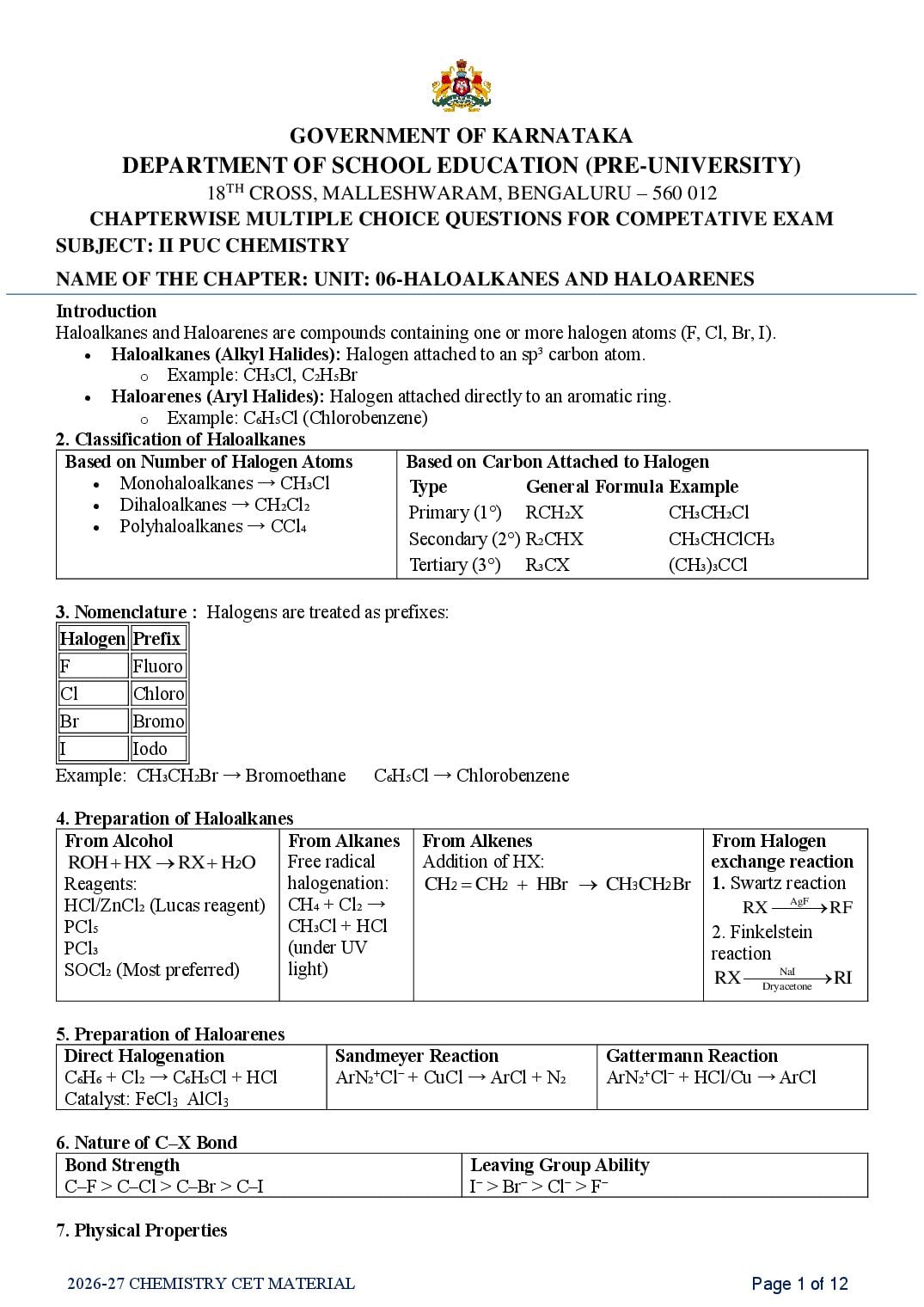 Karnataka 2nd PUC Chemistry Haloalkanes and Haloarenes MCQ with Answers - Page 1 of 12