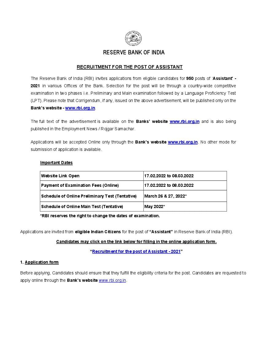 RBI Assistant 2022 Notification - Page 1