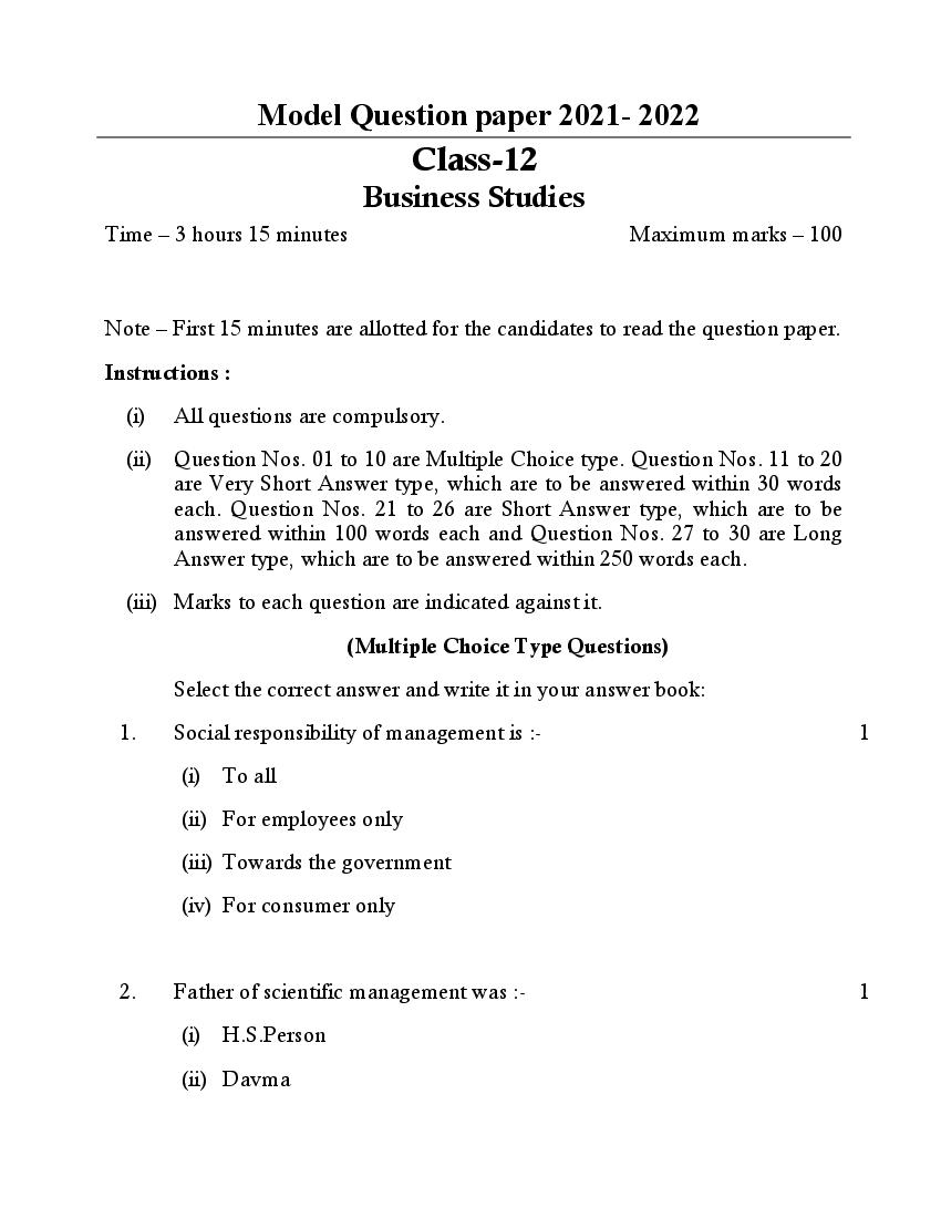 UP Board Class 12th Model Paper 2023 Business Studies - Page 1