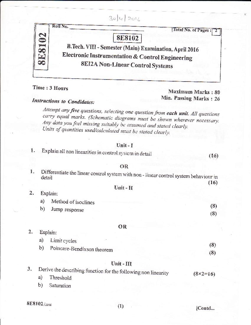 Rtu 2016 Question Paper Semester Viii Electronic Instrumentation And