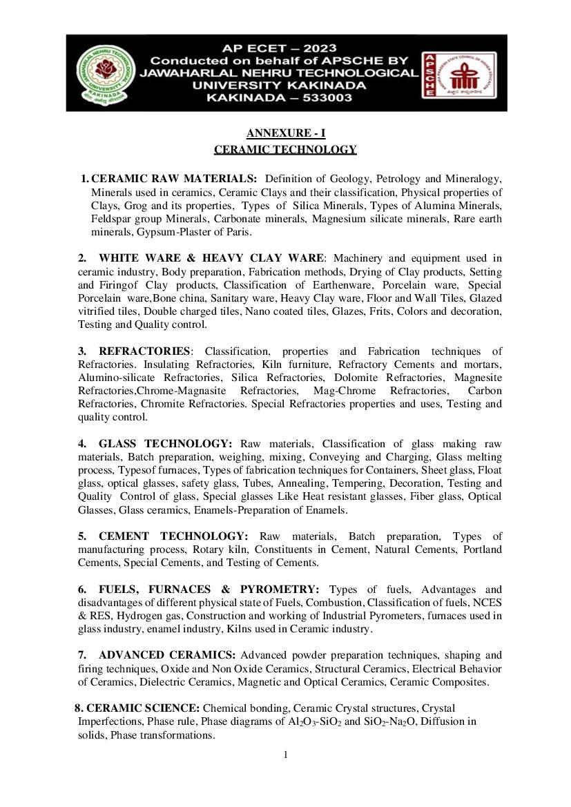 AP ECET 2023 Syllabus for Ceramic Technology - Page 1