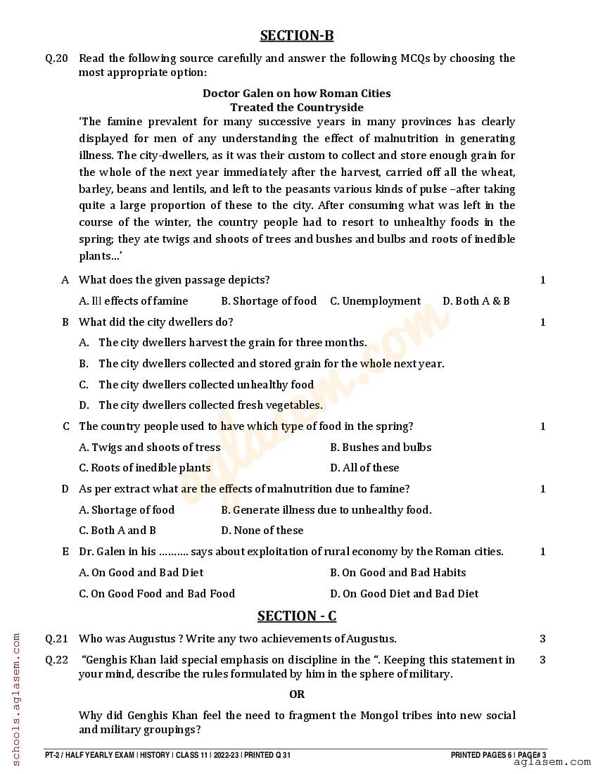 Class 11 History Half Yearly Question Paper 2023 (PDF) - 11th Half ...