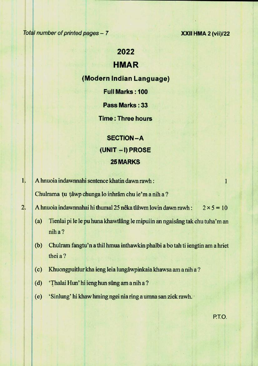 Manipur Board Class 12 Question Paper 2022 for Hmar - Page 1