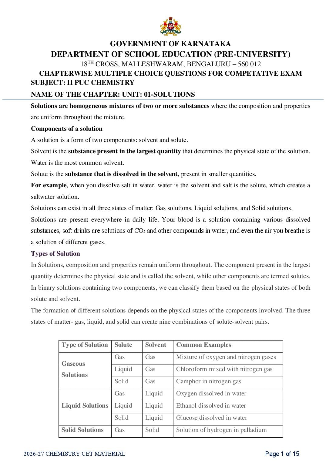 Karnataka 2nd PUC Chemistry Solutions MCQ with Answers - Page 1 of 15
