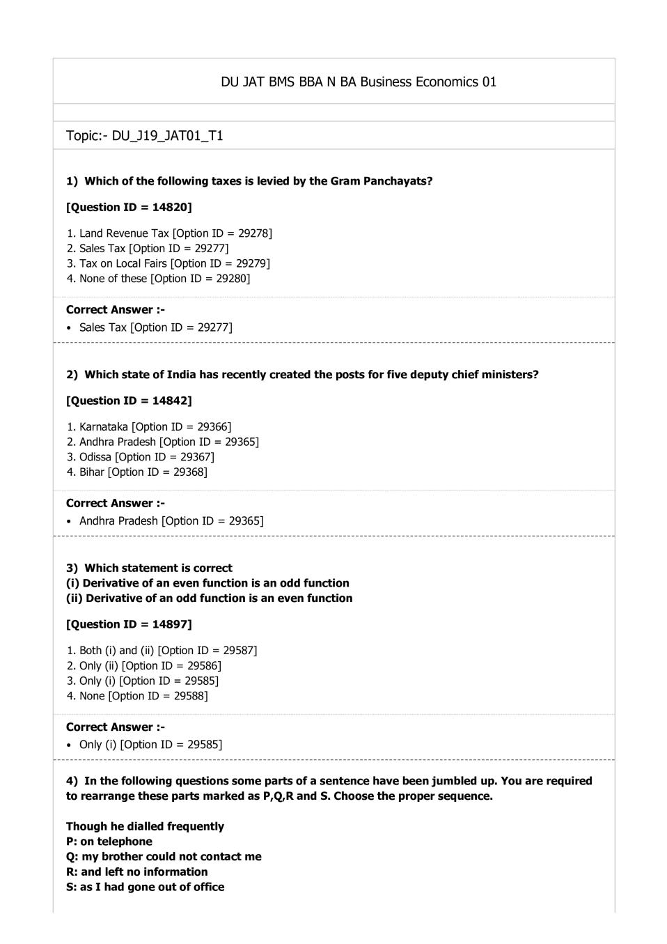 DUET Question Paper 2019 for JAT BMS BBA N BA Business Economics - 1 - Page 1