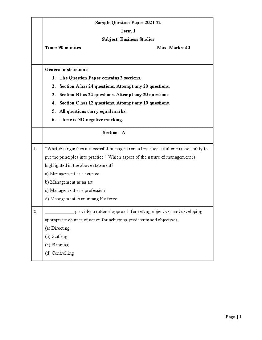 CBSE Class 12 Sample Paper 2022 for Business Studies Term 1 - Page 1