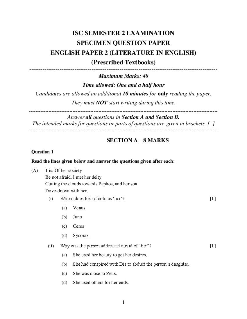 ISC Class 12 Specimen Paper 2022 English Literature Semester 2 - Page 1