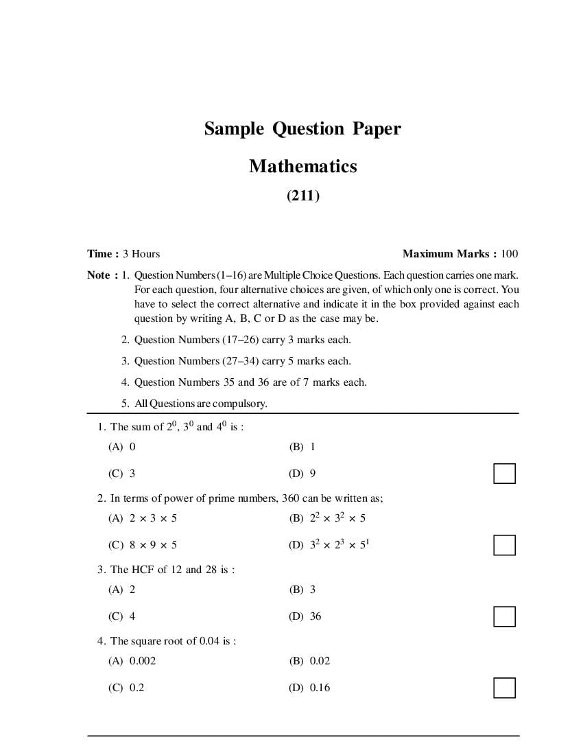 NIOS Class 10 Sample Paper 2023 Maths - Page 1