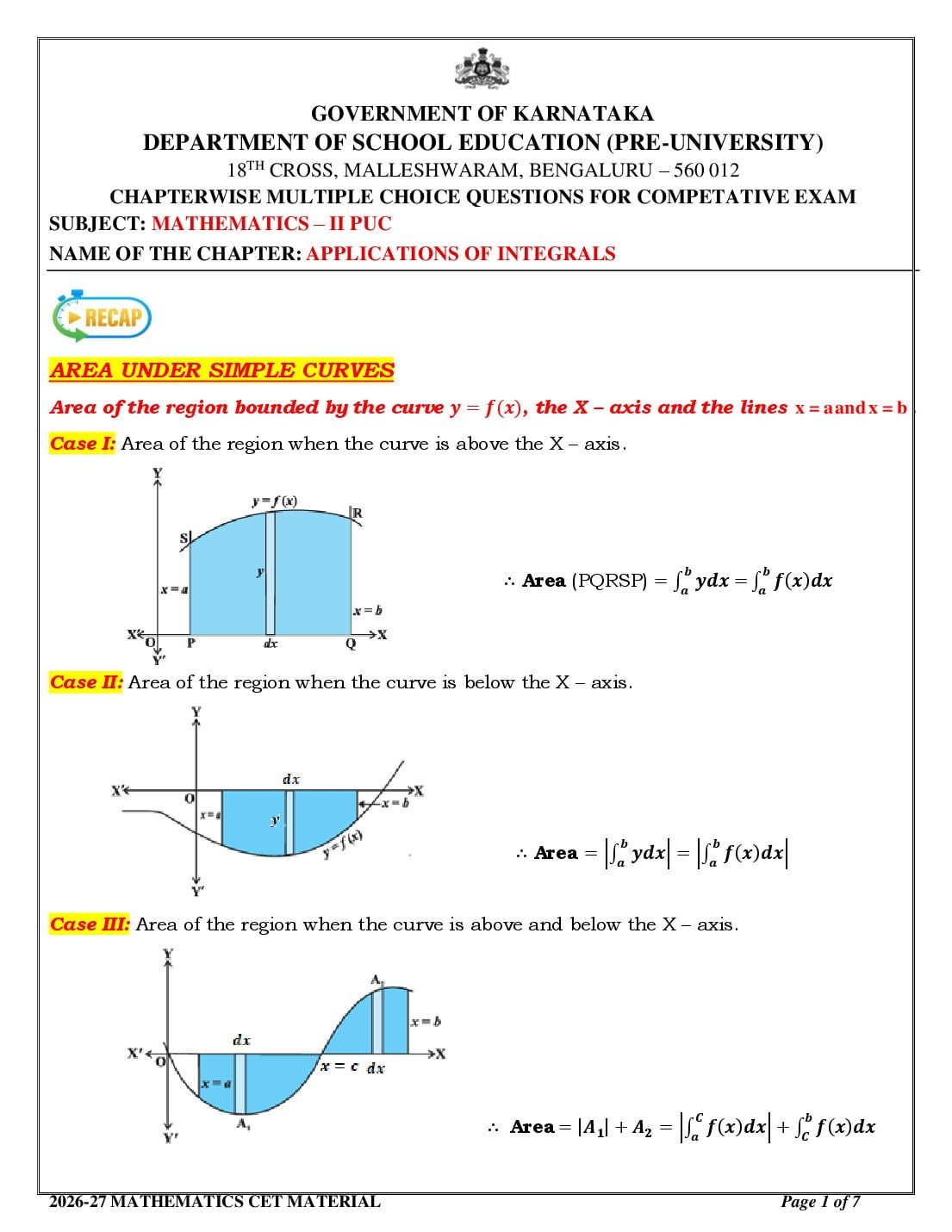 Karnataka 2nd PUC Mathematics Application of Integrals MCQ with Answers - Page 1 of 7