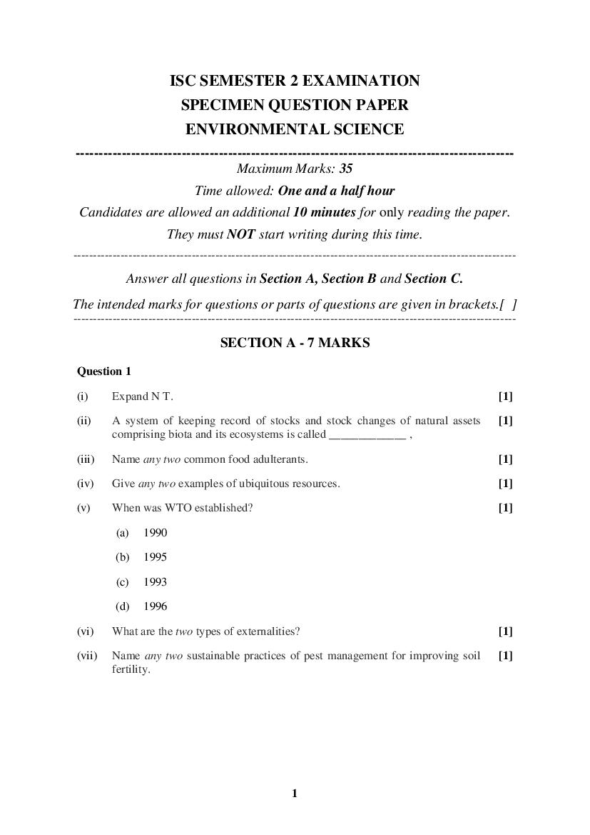 ISC Class 12 Specimen Paper 2022 Environmental Science Semester 2 - Page 1
