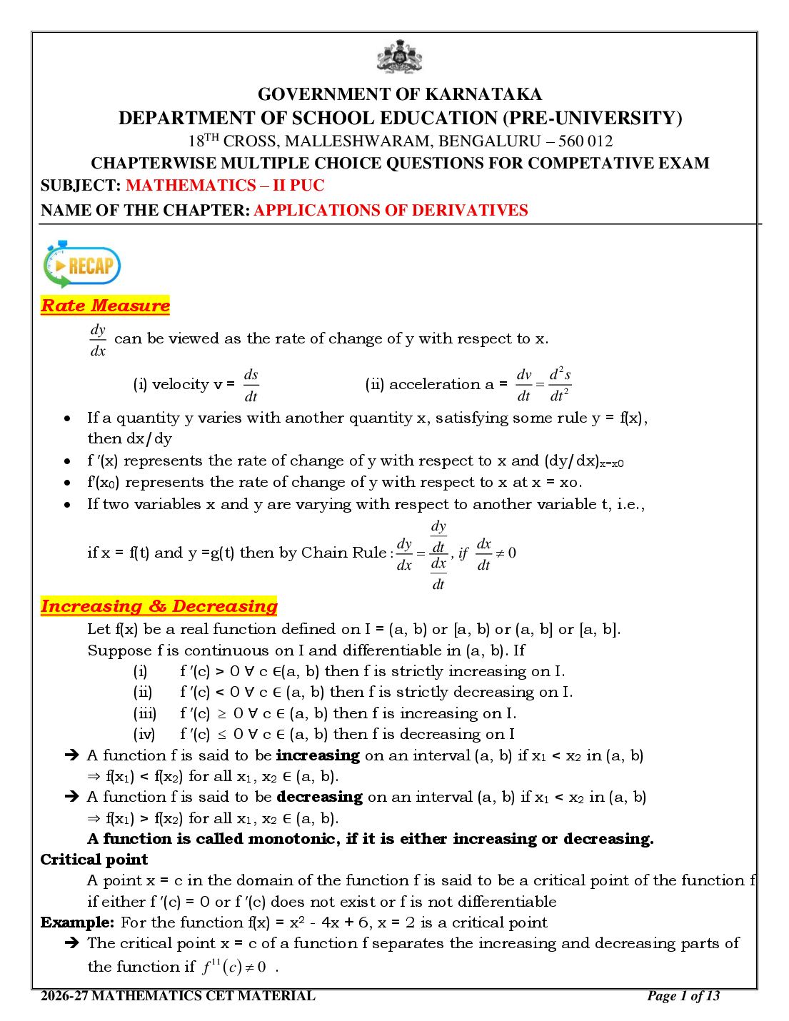Karnataka 2nd PUC Mathematics Application of Derivatives MCQ with Answers - Page 1 of 13