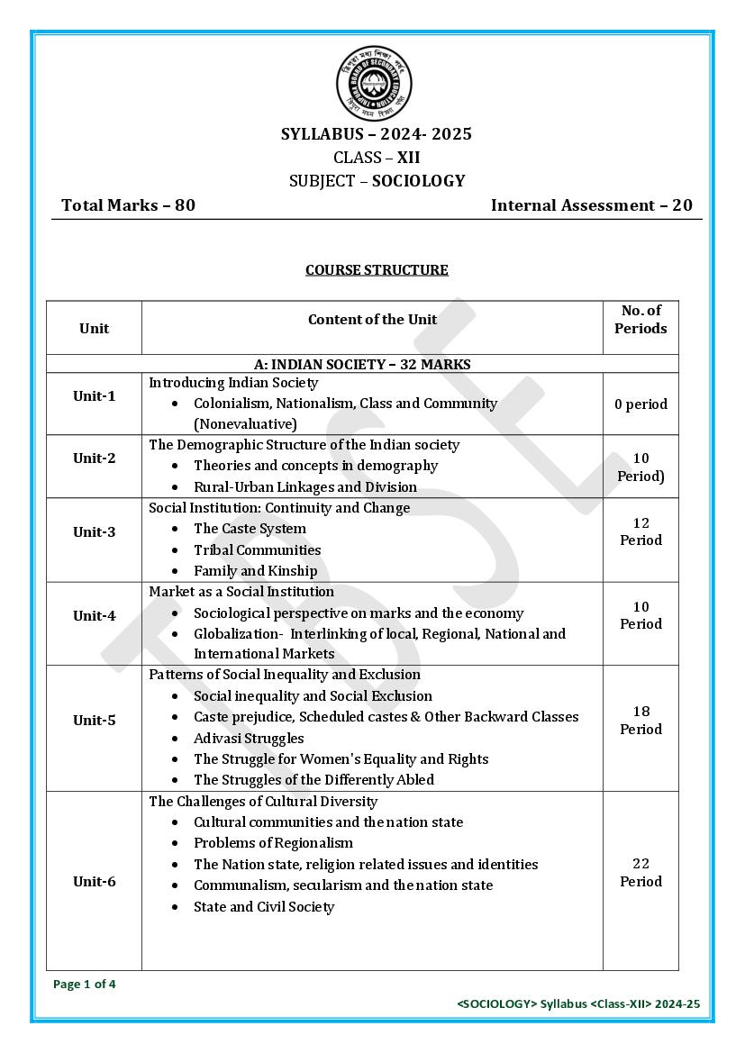 TBSE Class 12 Syllabus 2025 Sociology - Page 1