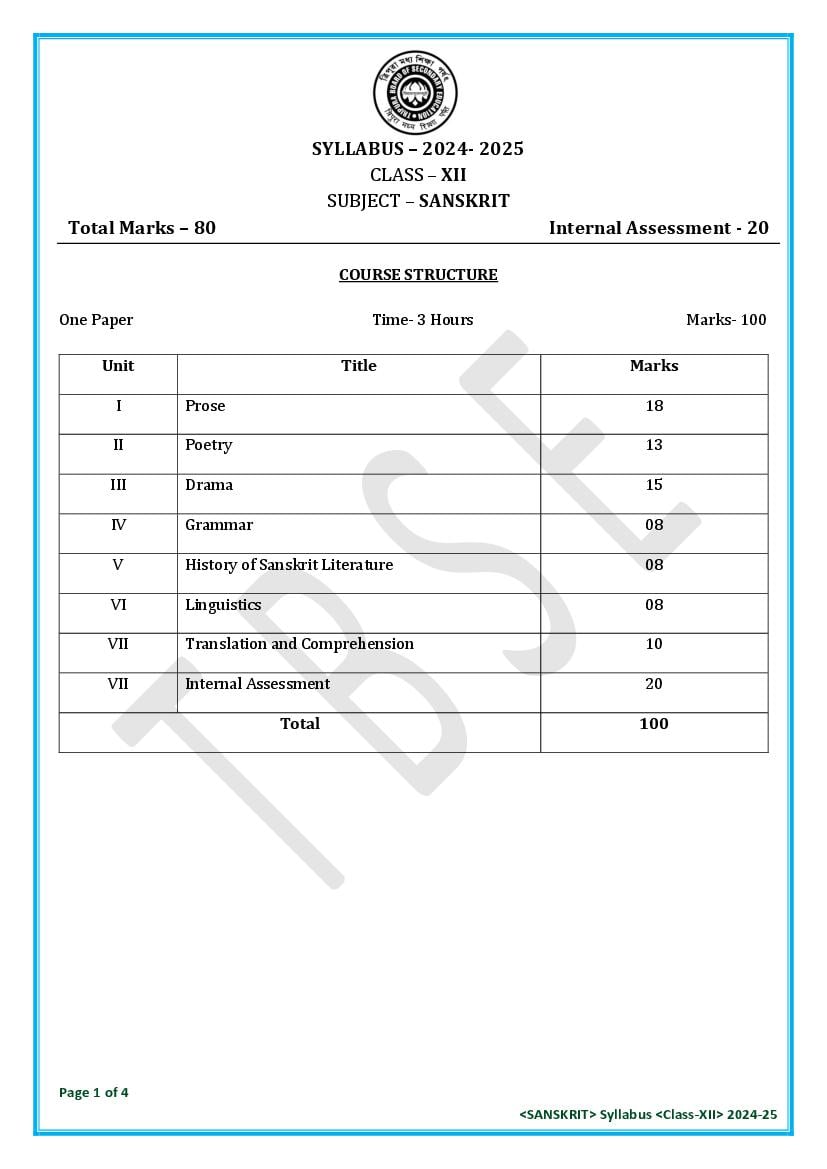 TBSE Class 12 Syllabus 2025 Sanskrit - Page 1