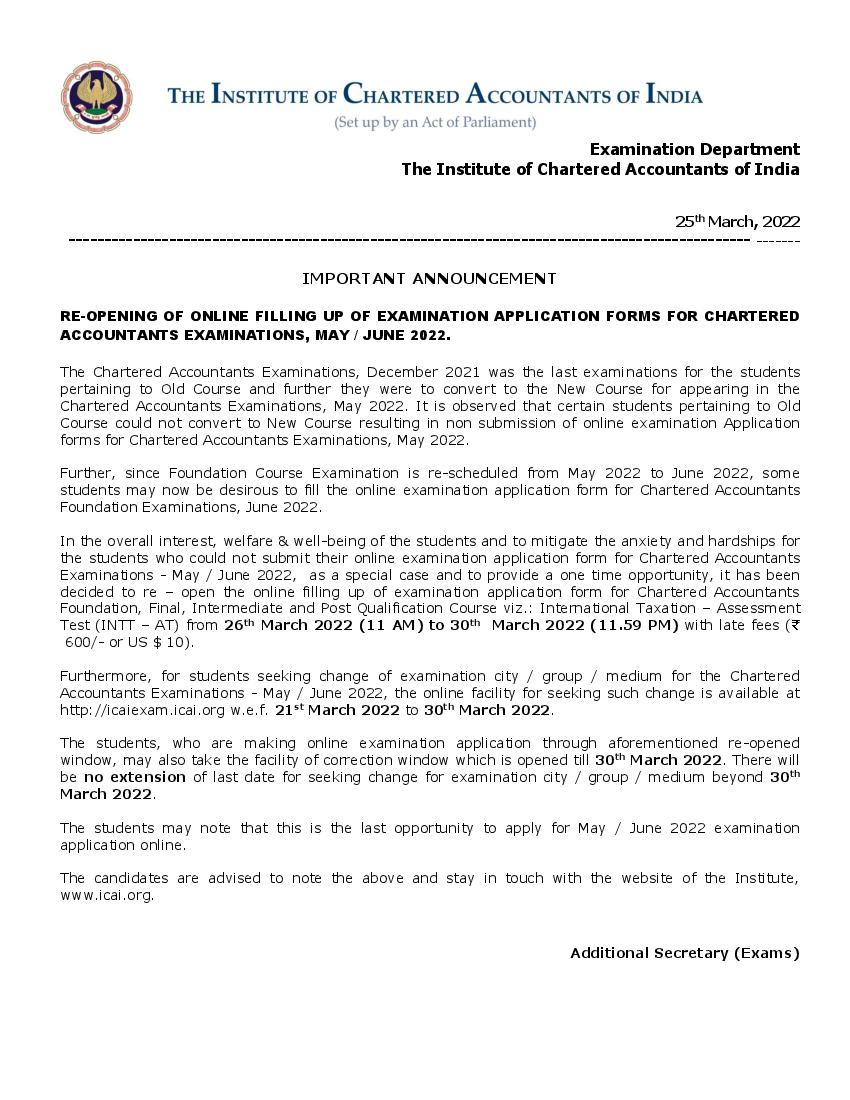 ICAI CA Exams May, June 2022 Application Form Reopens Notice - Page 1